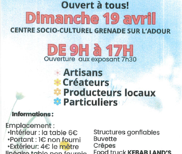 19.04.2026 VIDE GRENIER – GRENADE SUR L’ADOUR