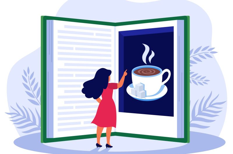 Woman reading book about coffee
