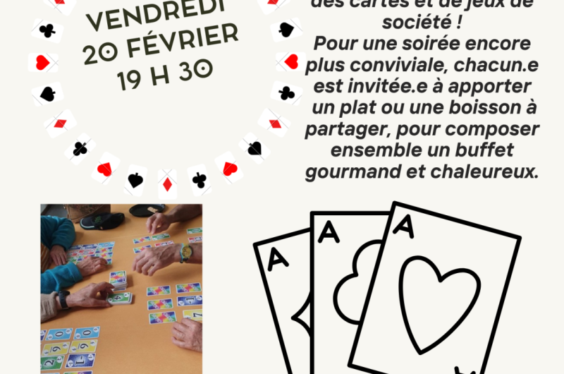 Flyer Annonce Evènement Atelier Cuisine Végétale Bio Restaurant Photos Moderne Rond Vert  – soirée belote & jeux société20 février 2026